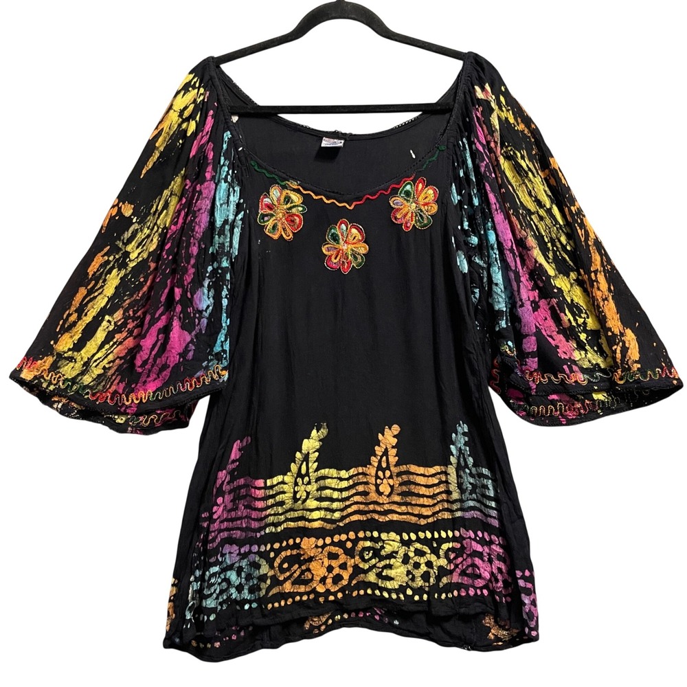 Vintage Shoreline Women Tunic OSFM Black Boho Embroidered Tie Dye Hippie Ethnic